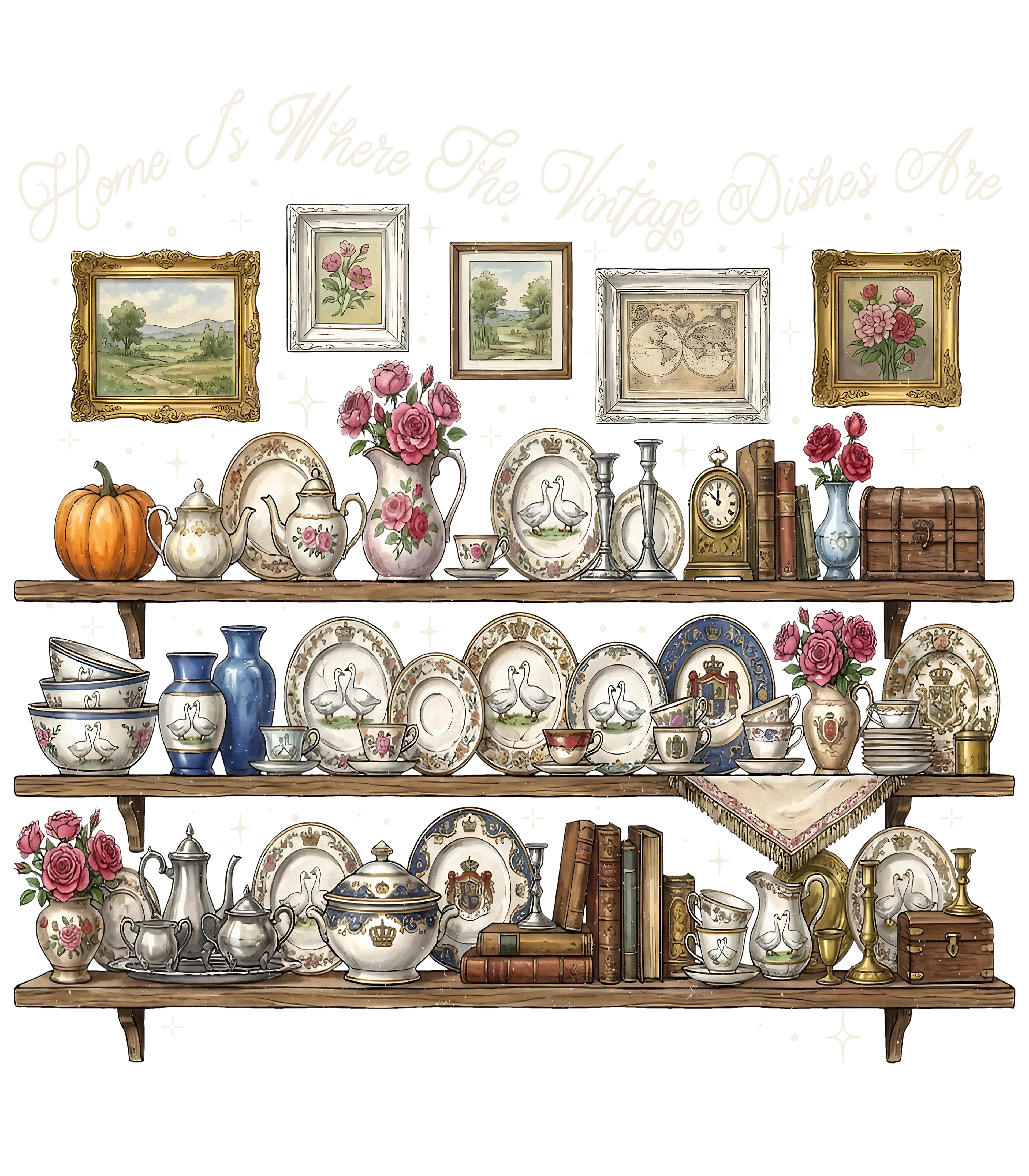 Vintage dishes DTF with white letters